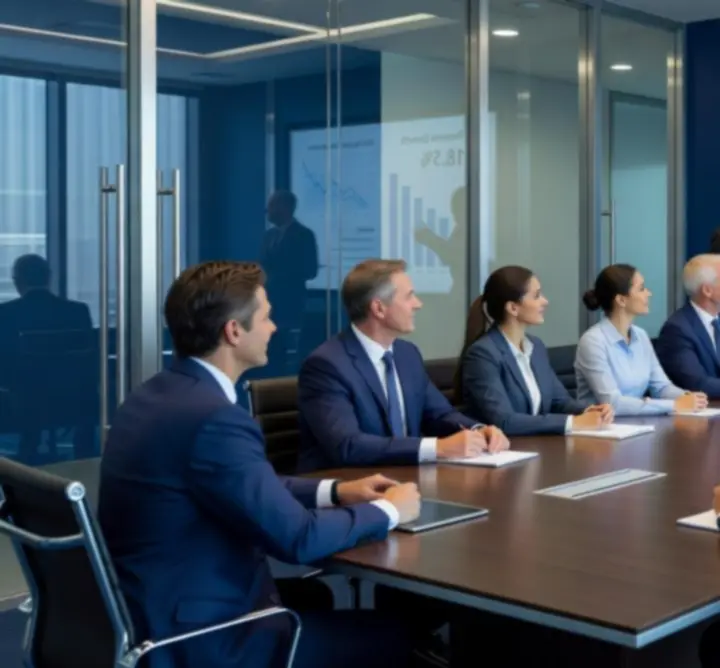 Business leaders and consultants reviewing successful project outcomes in a meeting