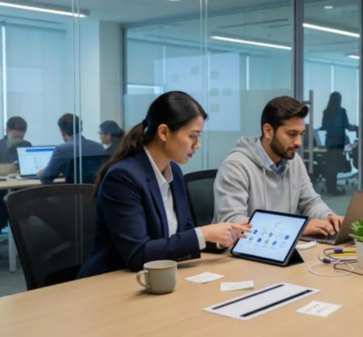 Consultants reviewing an IT transformation case study on screen