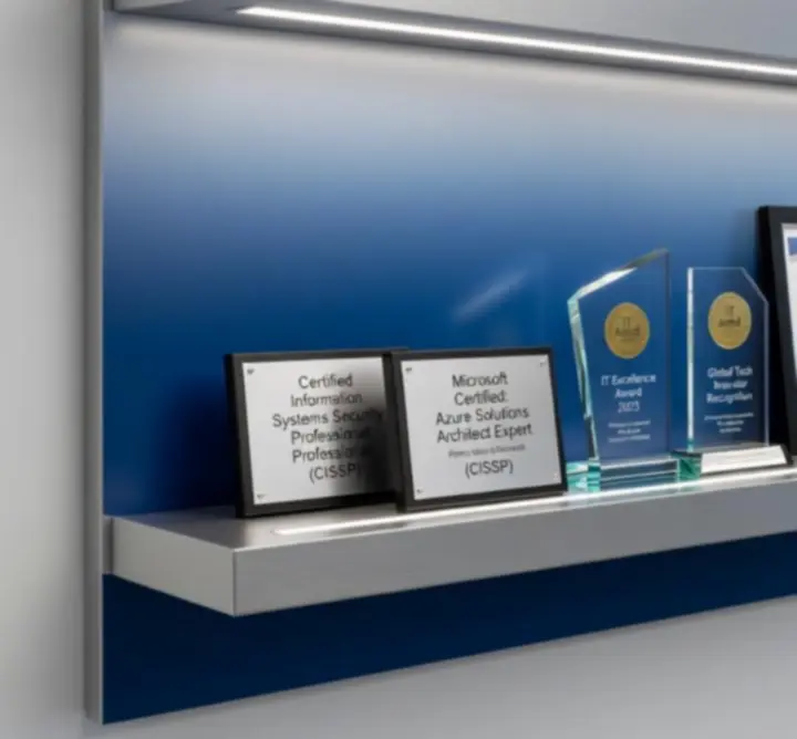 Awards and certification trophies on display