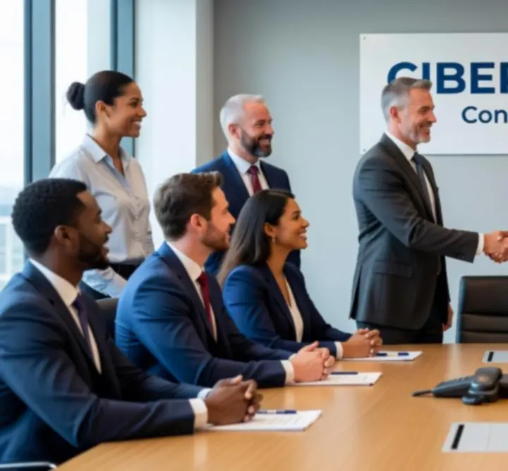 Business leaders in a meeting discussing technology strategy