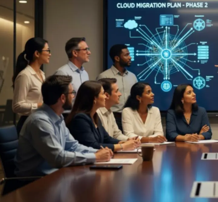 IT consultants collaborating on a cloud migration strategy