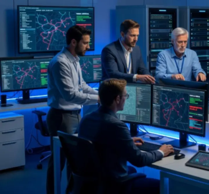 Cybersecurity specialists monitoring enterprise systems in a secure operations workspace