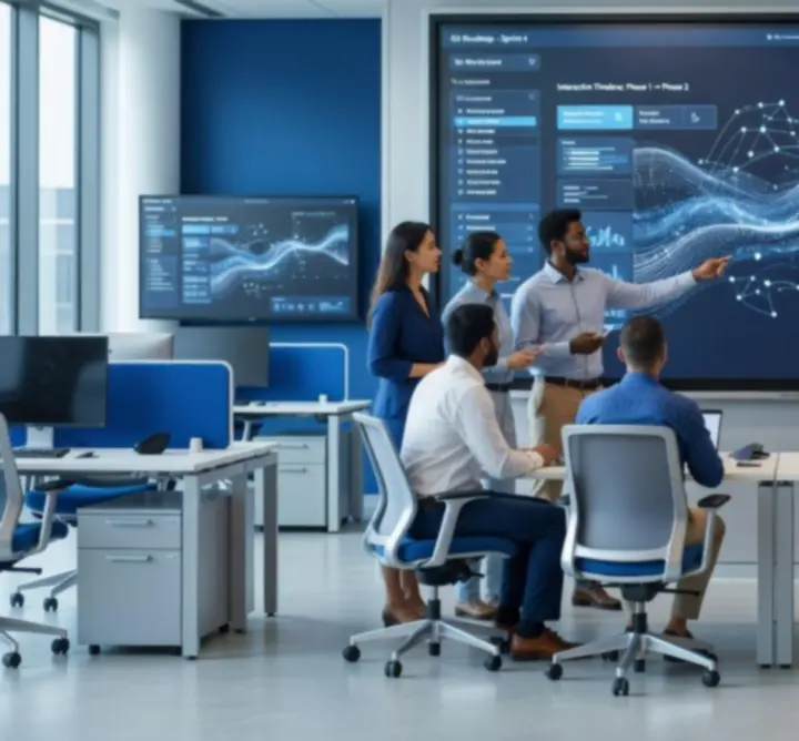 Digital transformation team collaborating in a modern technology environment