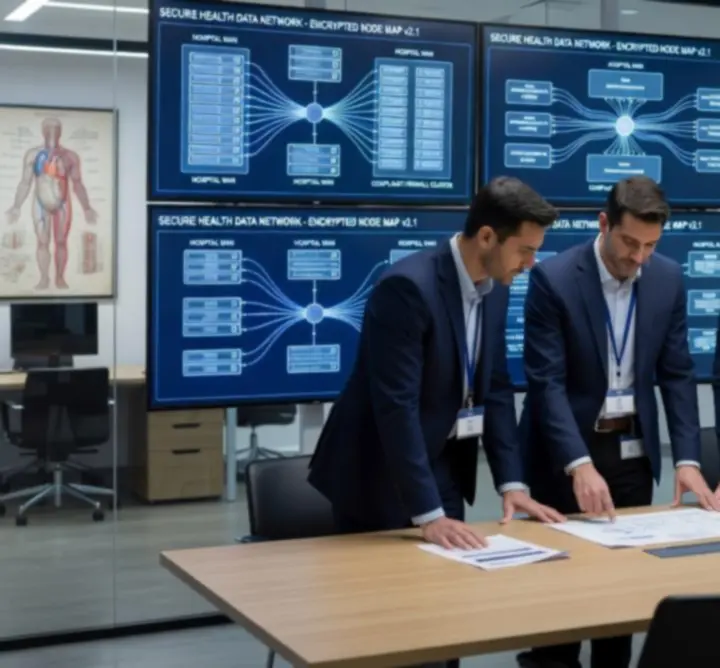 Healthcare system architecture diagrams on digital screens