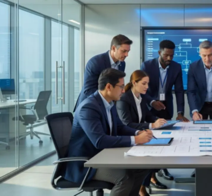 IT consultants collaborating over system architecture plans